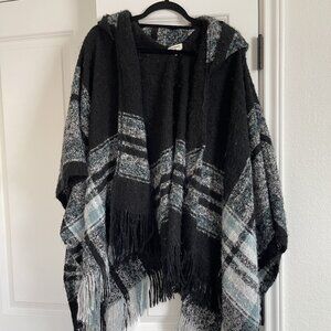 World Market Plaid Hooded Wrap Shawl Fringe One Size
